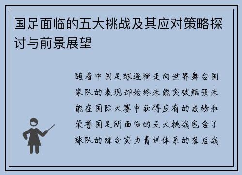 国足面临的五大挑战及其应对策略探讨与前景展望