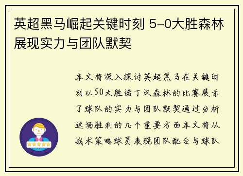 英超黑马崛起关键时刻 5-0大胜森林展现实力与团队默契