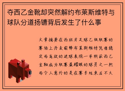 夺西乙金靴却突然解约布莱斯维特与球队分道扬镳背后发生了什么事