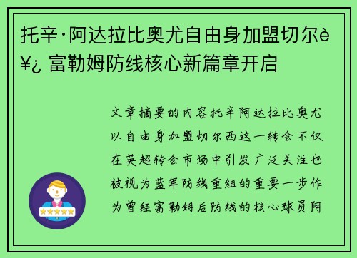 托辛·阿达拉比奥尤自由身加盟切尔西 富勒姆防线核心新篇章开启