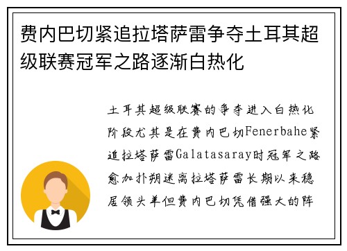 费内巴切紧追拉塔萨雷争夺土耳其超级联赛冠军之路逐渐白热化 费内巴切紧追拉塔萨雷争夺土耳其超级联赛冠军之路逐渐白热化